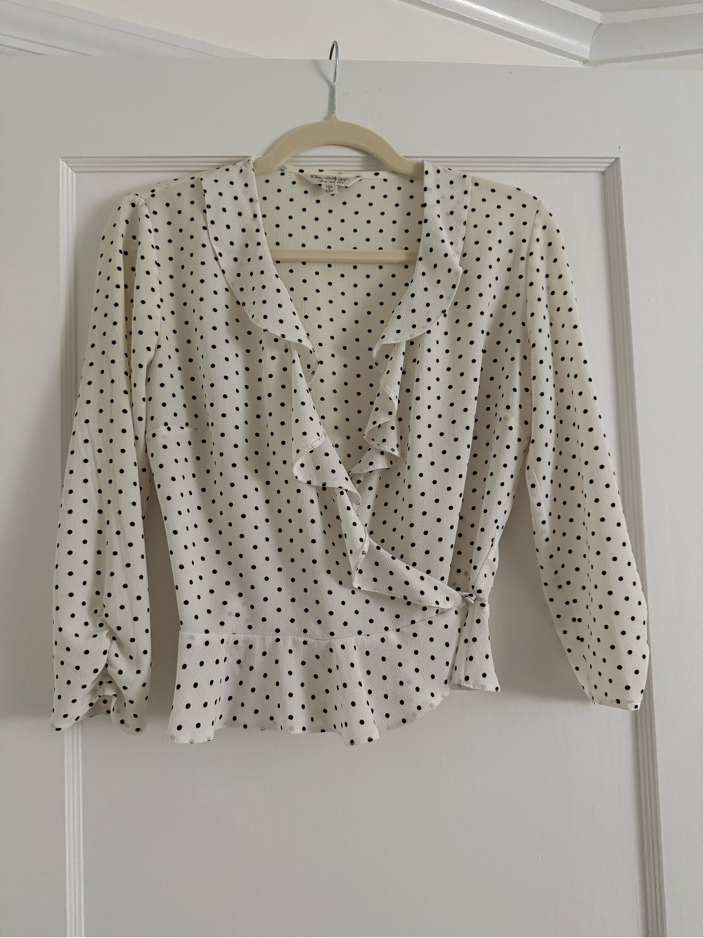 Miss Selfridge Cream and Black Polka Dot Ruffle Wrap Blouse